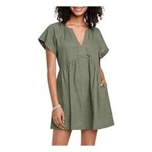 Linen Blend Army Olive Green Babydoll Dress Mini Short Sleeve XS